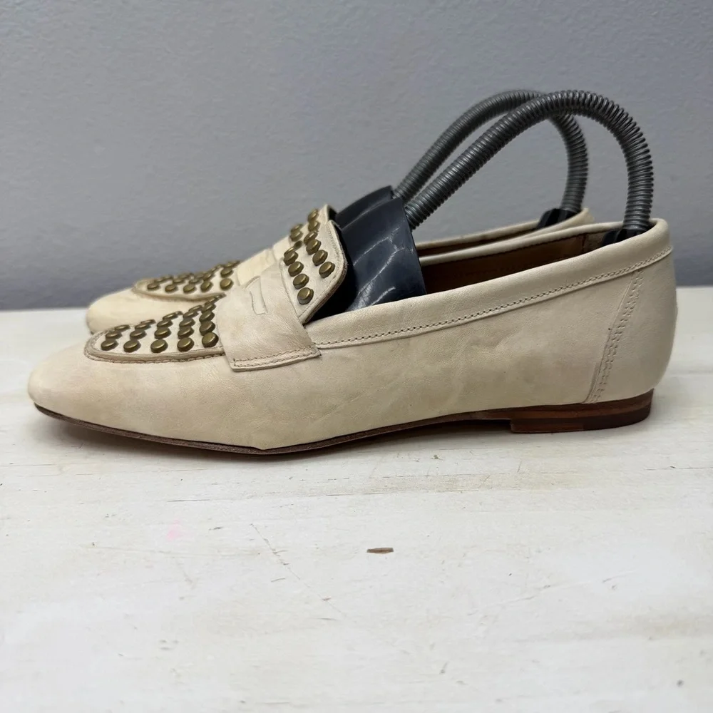 Calleen Cordero White Leather Gold Studded Penny Loafers Size 6